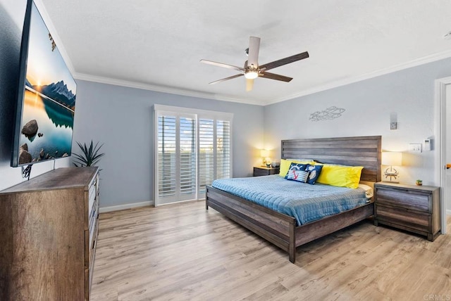 bedroom with ornamental molding, light wood-type flooring, and ceiling fan