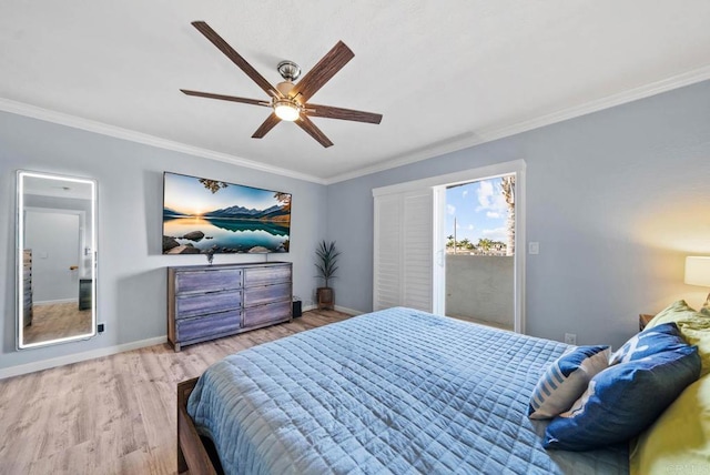 bedroom with crown molding, ceiling fan, light hardwood / wood-style floors, and access to outside