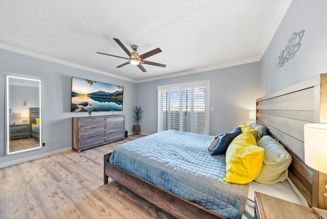 bedroom with ceiling fan, ornamental molding, and light hardwood / wood-style floors