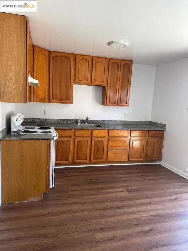 kitchen featuring dark hardwood / wood-style flooring, sink, and white electric stove