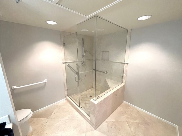 bathroom with an enclosed shower, tile patterned flooring, and toilet