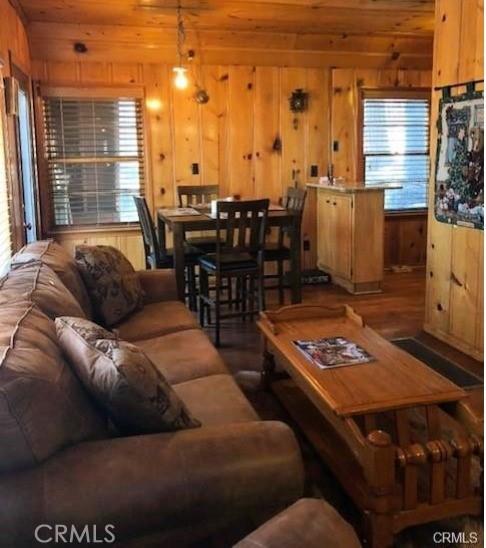 living room with wood walls