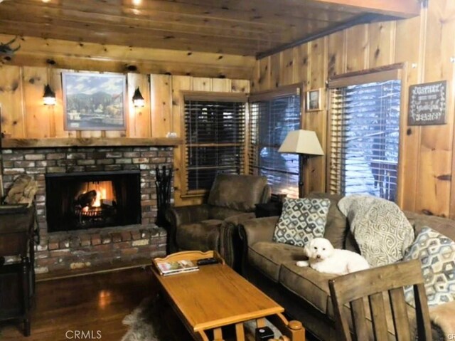 living room featuring a fireplace, dark wood-type flooring, and wooden walls