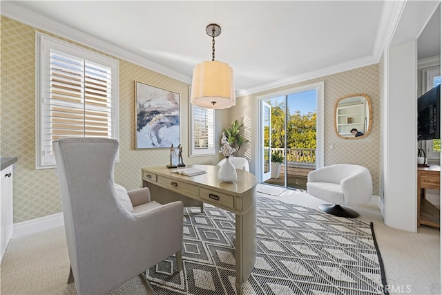 office featuring carpet floors, ornamental molding, and a healthy amount of sunlight