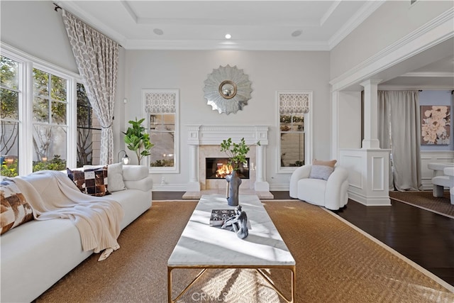 living room featuring a premium fireplace, ornamental molding, dark hardwood / wood-style flooring, a raised ceiling, and ornate columns