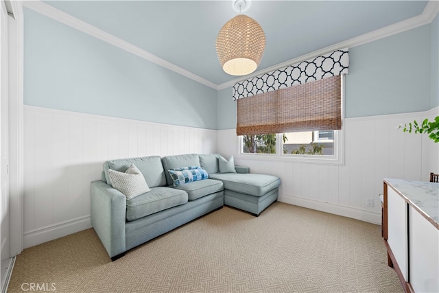 carpeted living room with ornamental molding