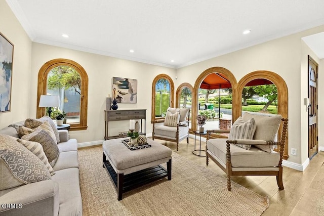 living area featuring ornamental molding and light hardwood / wood-style floors