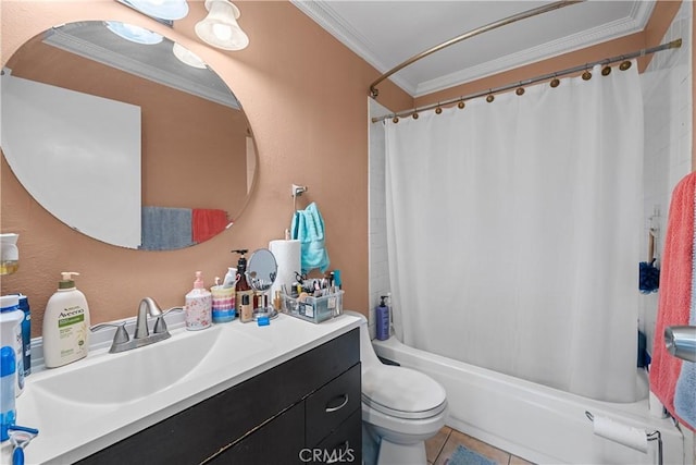 full bathroom with shower / bath combination with curtain, vanity, toilet, crown molding, and tile patterned floors