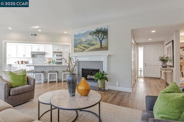 living room with a fireplace and light hardwood / wood-style floors