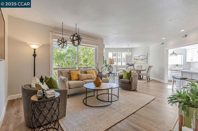 living room featuring a textured ceiling and light wood-type flooring