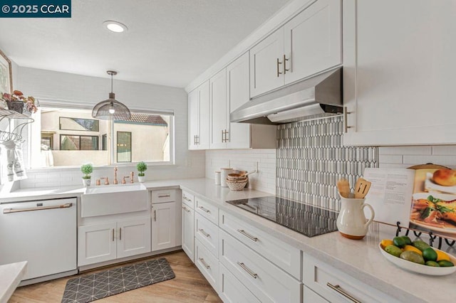 kitchen with black electric cooktop, sink, white cabinets, and white dishwasher