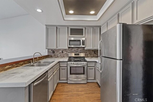 kitchen featuring gray cabinetry, sink, stainless steel appliances, and a raised ceiling