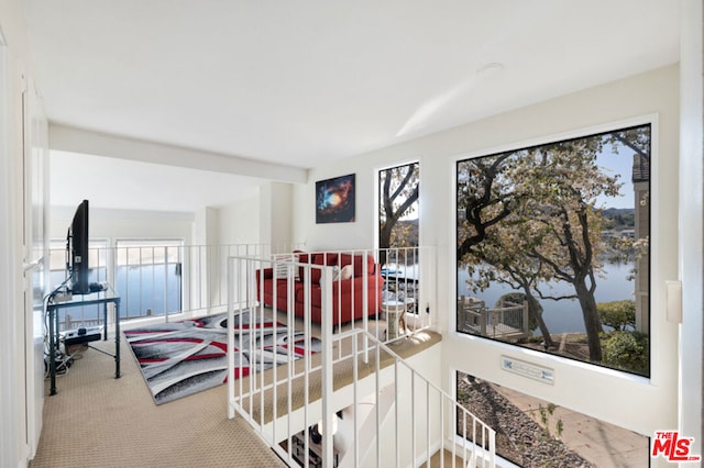 carpeted bedroom featuring a water view