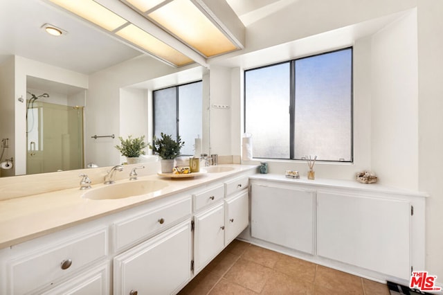 bathroom featuring walk in shower, vanity, and tile patterned flooring