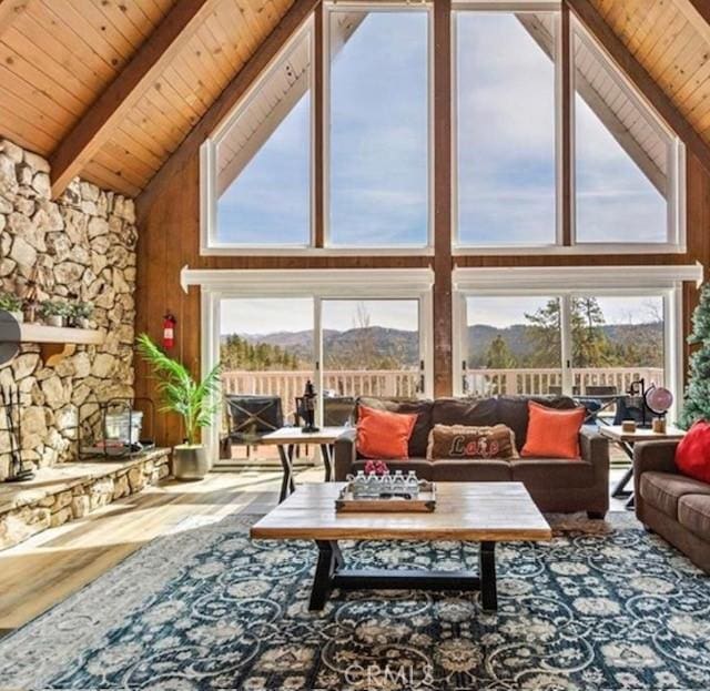 living room with beamed ceiling, a stone fireplace, a healthy amount of sunlight, and high vaulted ceiling