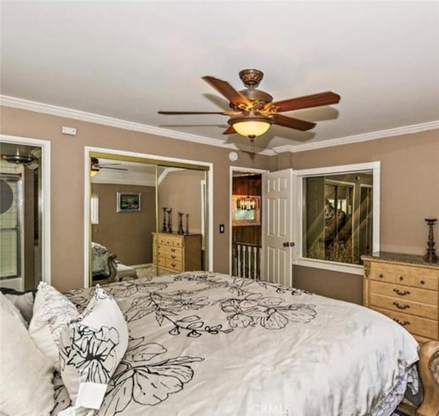 bedroom featuring crown molding, a closet, and ceiling fan