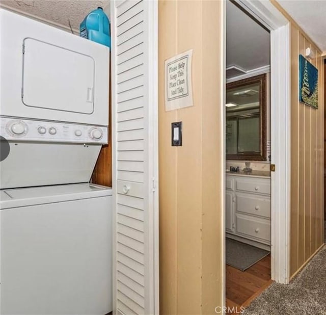 washroom featuring carpet floors and stacked washer and clothes dryer