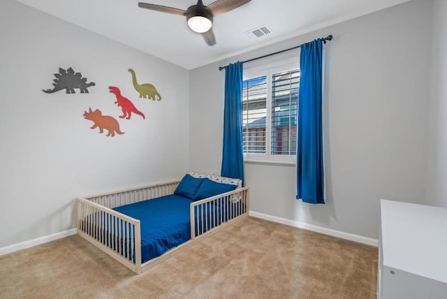 bedroom featuring carpet floors and ceiling fan