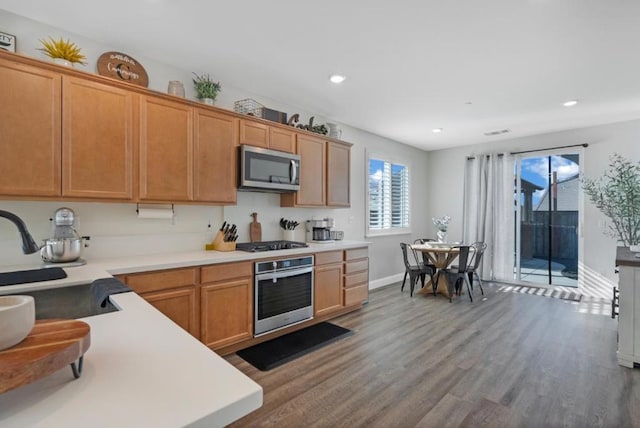 kitchen featuring stainless steel appliances, hardwood / wood-style flooring, and sink