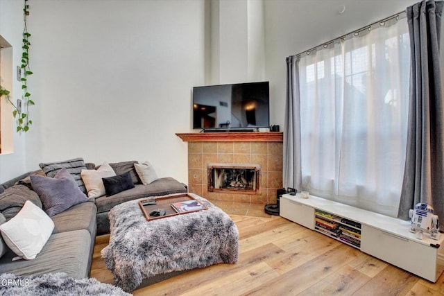 living room with hardwood / wood-style flooring and a fireplace