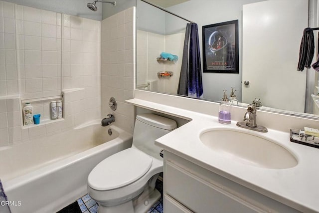 full bathroom featuring vanity, shower / tub combo, and toilet