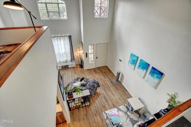 interior space featuring a towering ceiling and wood-type flooring