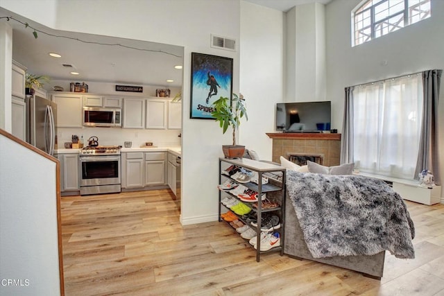 interior space with a fireplace, light hardwood / wood-style flooring, and stainless steel appliances