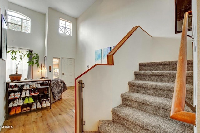 stairway with hardwood / wood-style floors and a high ceiling