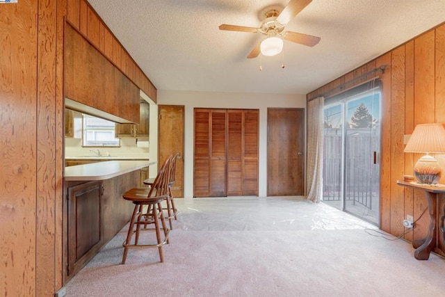 kitchen featuring sink, ceiling fan, a textured ceiling, light carpet, and wood walls