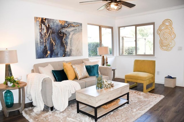 living room featuring crown molding, dark hardwood / wood-style floors, and ceiling fan