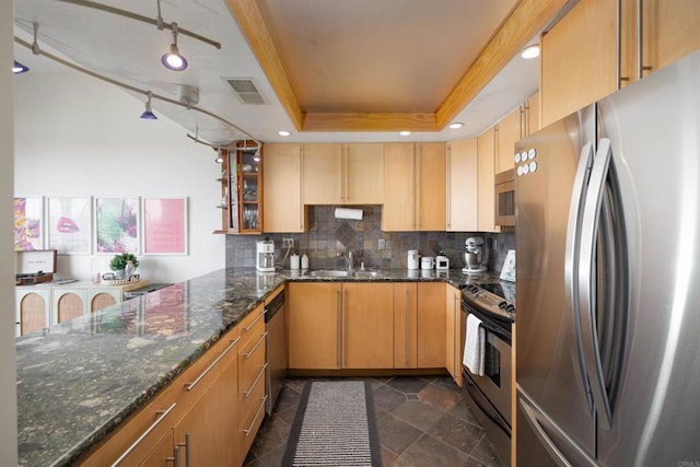 kitchen with a raised ceiling, sink, backsplash, dark stone counters, and stainless steel appliances