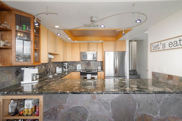 kitchen featuring a raised ceiling, sink, dark stone countertops, kitchen peninsula, and stainless steel appliances