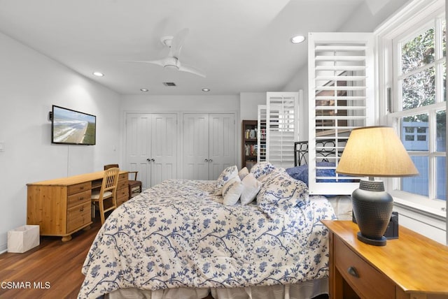 bedroom with dark hardwood / wood-style flooring, access to exterior, a closet, and ceiling fan