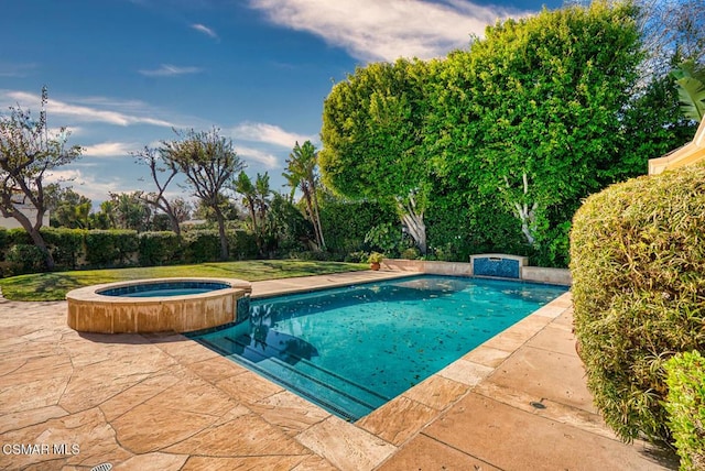 view of pool featuring an in ground hot tub and a patio