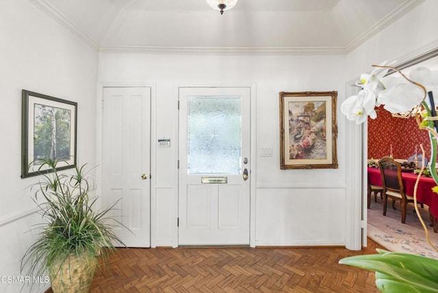 entryway featuring crown molding and dark parquet floors