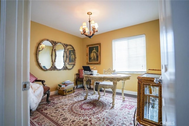 home office with a chandelier