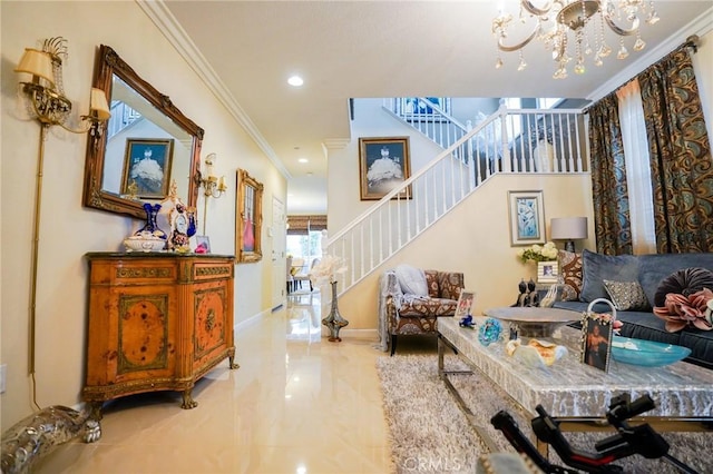 interior space featuring ornamental molding and an inviting chandelier