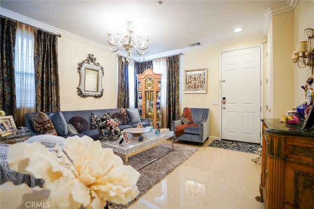 living room with an inviting chandelier and ornamental molding