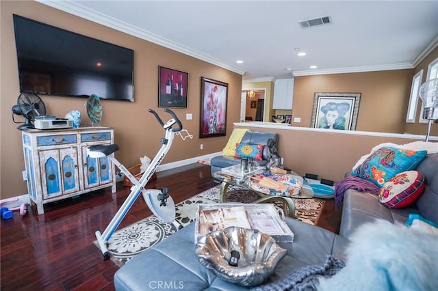 interior space with crown molding and dark hardwood / wood-style floors