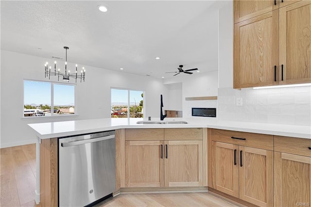 18554 Temecula Ave, Hesperia, CA 92345 - kitchen featuring dishwasher, light brown cabinets, a sink, backsplash, and recessed lighting