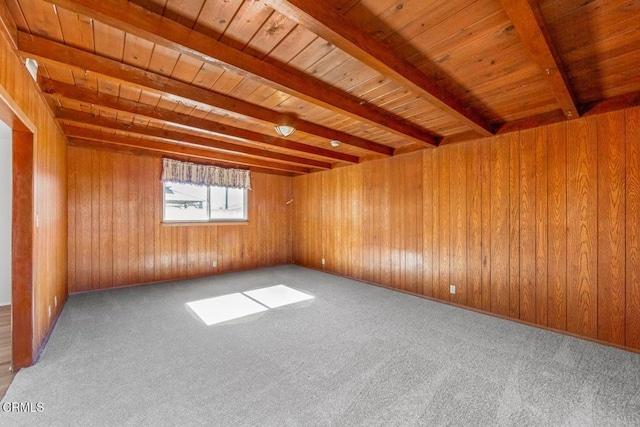 carpeted spare room with wood ceiling, beam ceiling, and wooden walls