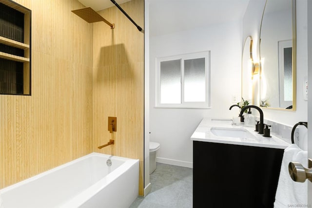 full bathroom featuring vanity, bathtub / shower combination, tile patterned floors, and toilet