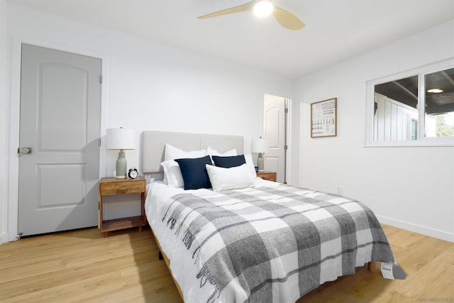 bedroom featuring ceiling fan and light hardwood / wood-style floors