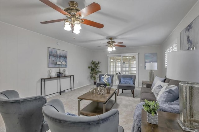 living room featuring crown molding and carpet flooring