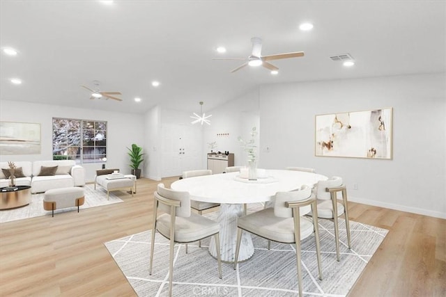 2173 N Viminal Rd, Palm Springs, CA 92262 - dining space featuring ceiling fan, lofted ceiling, light wood finished floors, recessed lighting, and baseboards