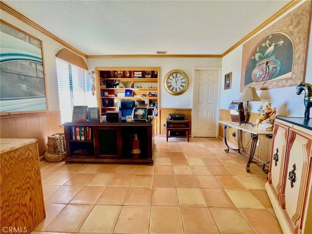 home office featuring crown molding, built in features, and a textured ceiling