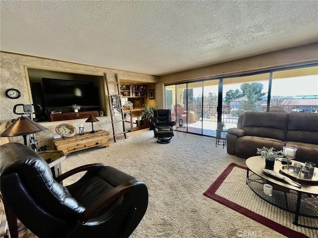 carpeted living room featuring a textured ceiling