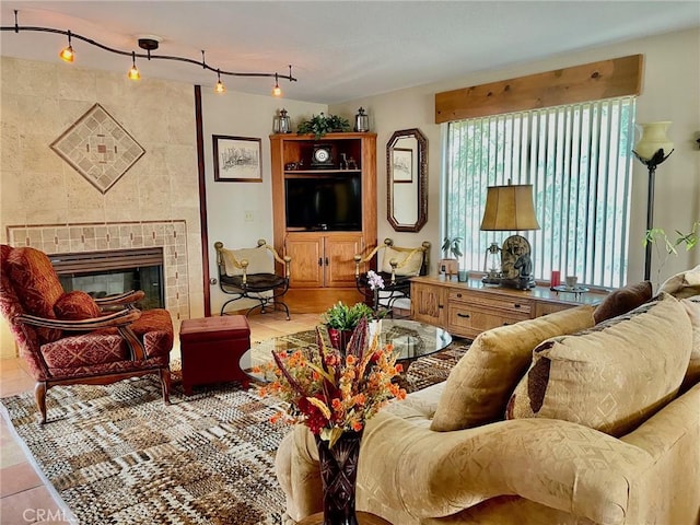 living room featuring a fireplace and rail lighting