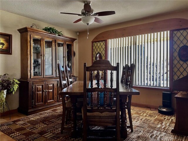 dining space with ceiling fan, plenty of natural light, and a textured ceiling