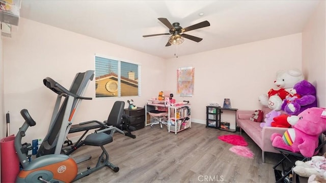 exercise area featuring hardwood / wood-style floors and ceiling fan